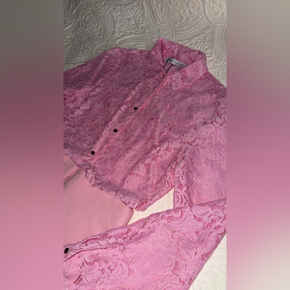 Zara Pink Lace Button-Up Blouse and Pants - Picture 2 of 7